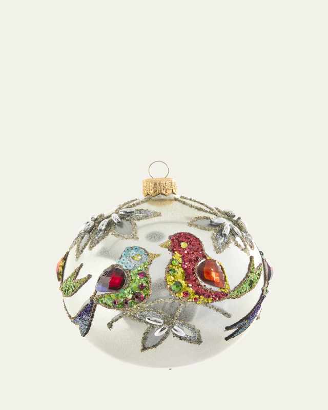 Glittery Birds & Leaves Ball Ornament